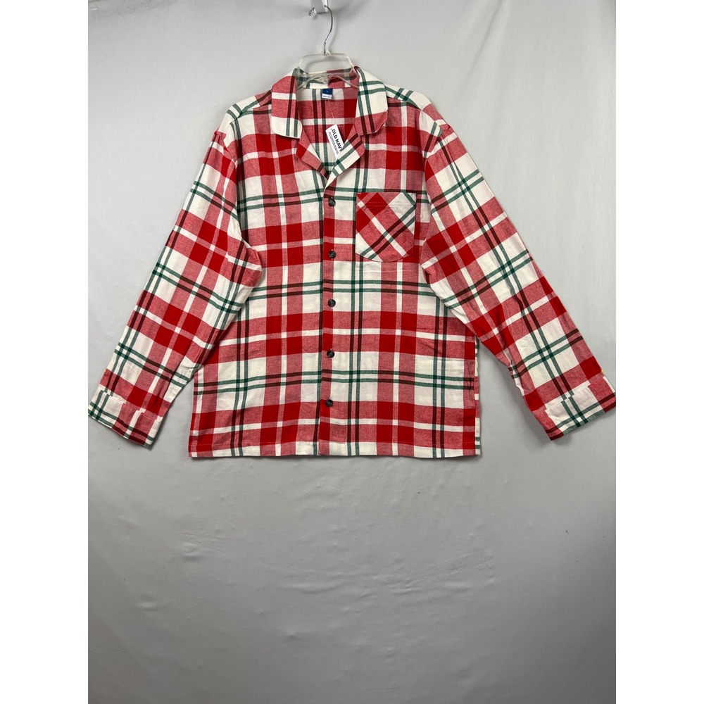 Old Navy Flannel Pajama Top Mens L Red Green Plaid New Cotton Holiday Shirt